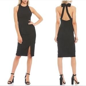 Dress the Population Emme Bow Back Halter Sheath Cocktail Midi Dress in Black